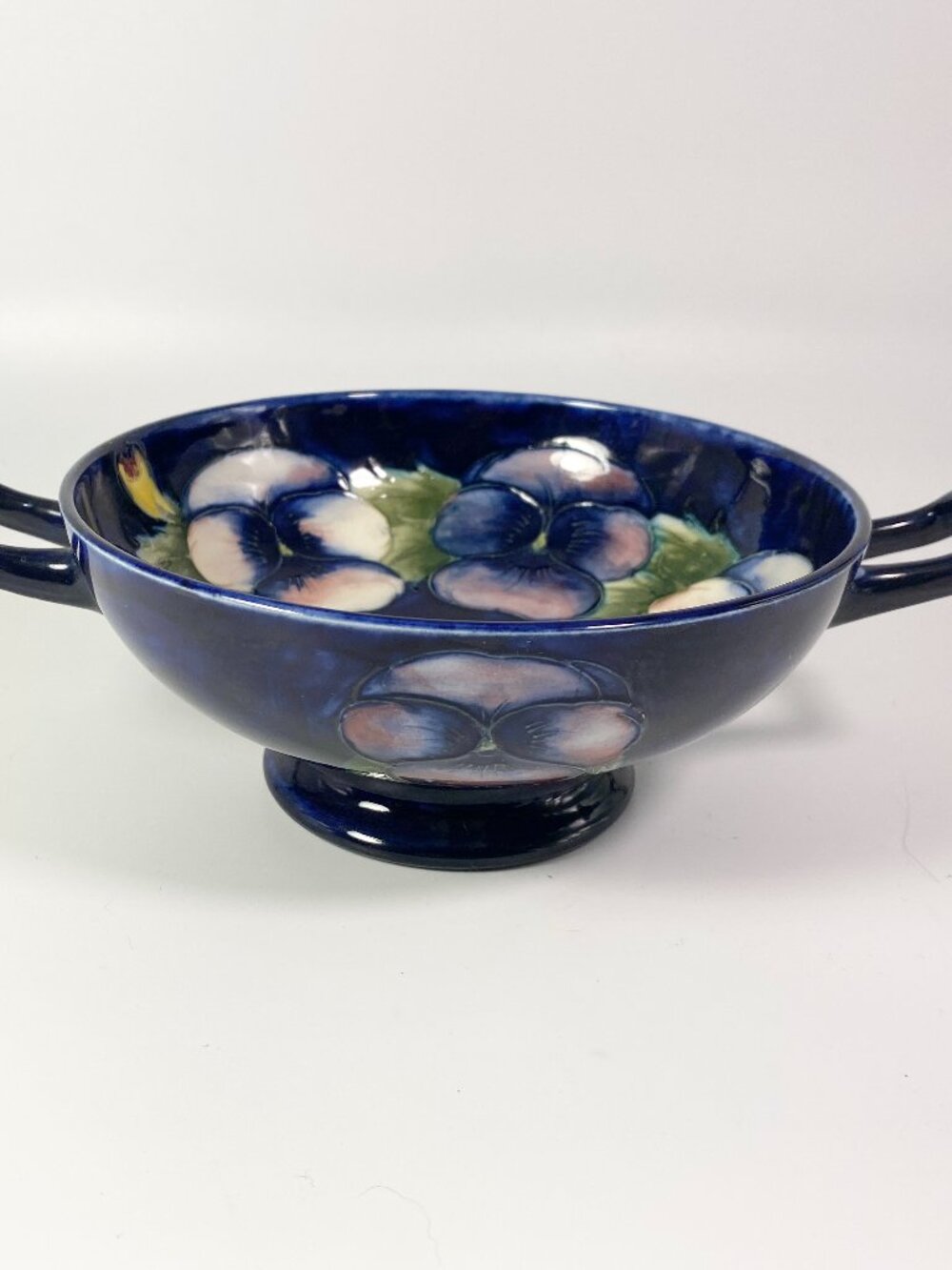 Moorcroft England 2- Handled candy bowl  , "Pansy" Pattern EXTREMELY RARE !!!